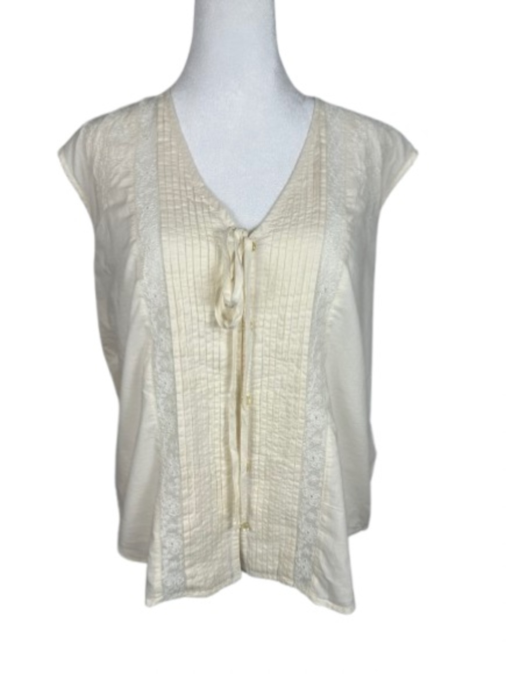 Ralph Lauren Cream V-Neck Pintuck Lace Tie Blouse